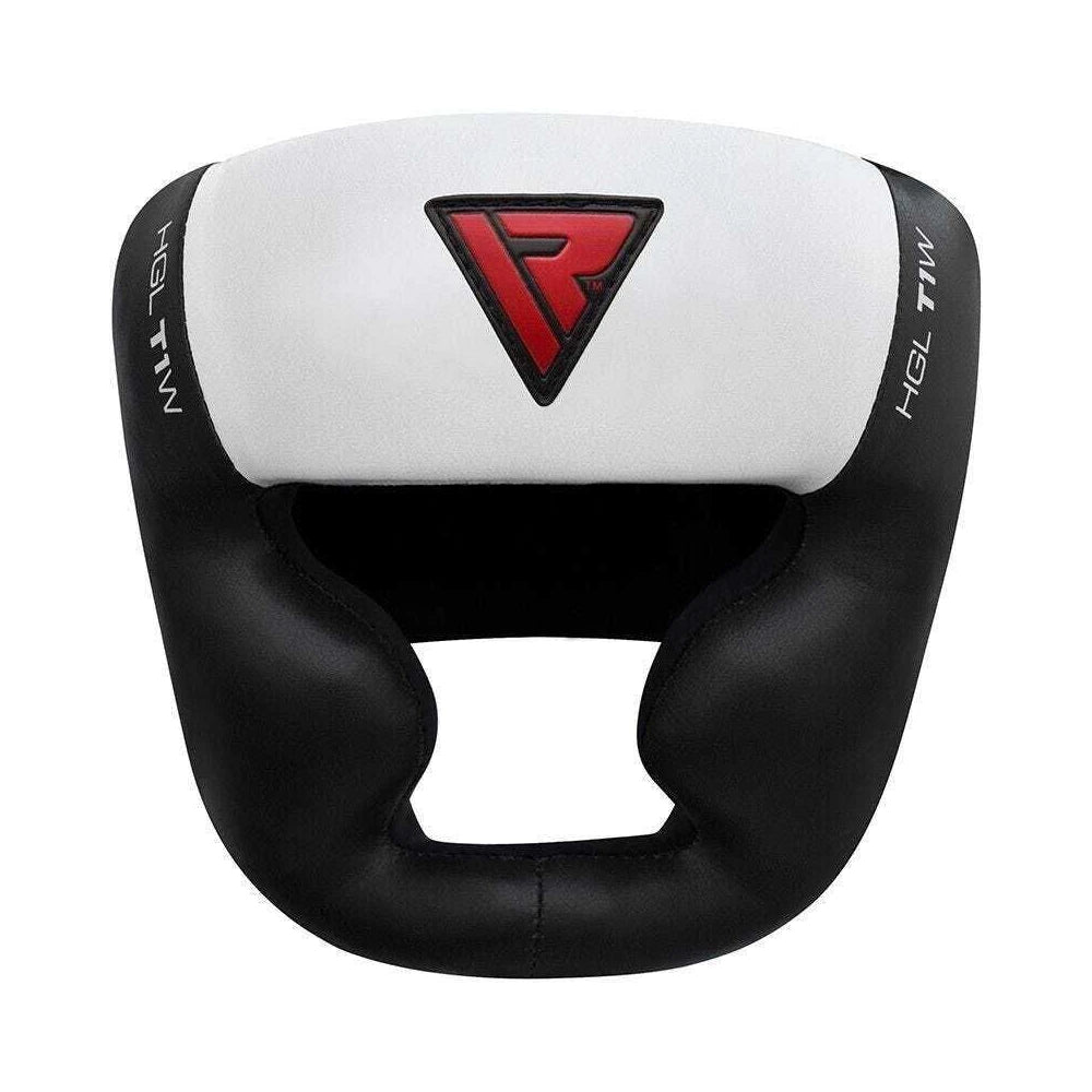 Black and white boxing headgear with a red logo on a white background