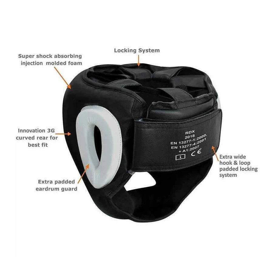 Black RDX boxing headgear with labeled features on a white background