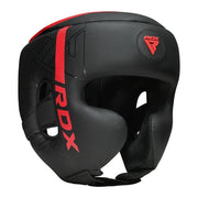 Black boxing headgear with red accents and 'RDX' logo on a white background