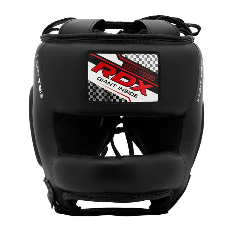 Black face saver boxing headgear with RDX logo on a white background