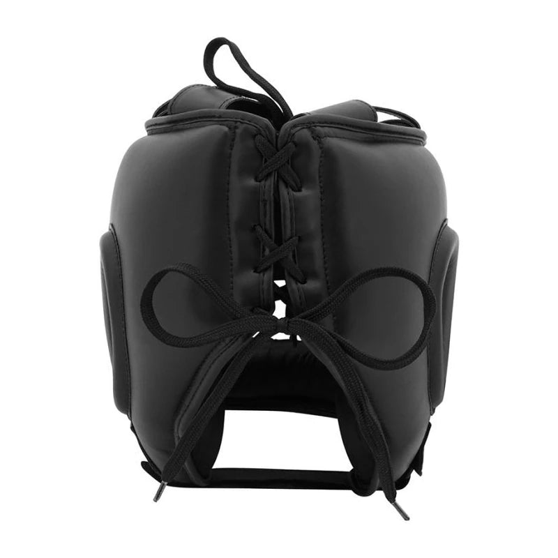 Black leather boxing head gear with lace-up design on a white background