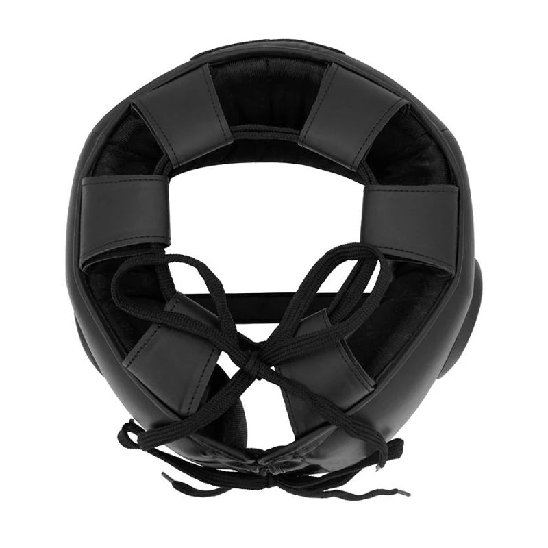 Birdseye view of black boxing headgear on a white background