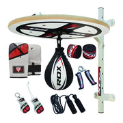 Boxing training setup with RDX branded equipment on a white background