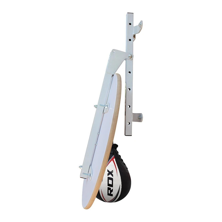 White boxing speed bag stand with a RDX branded punching bag on a white background