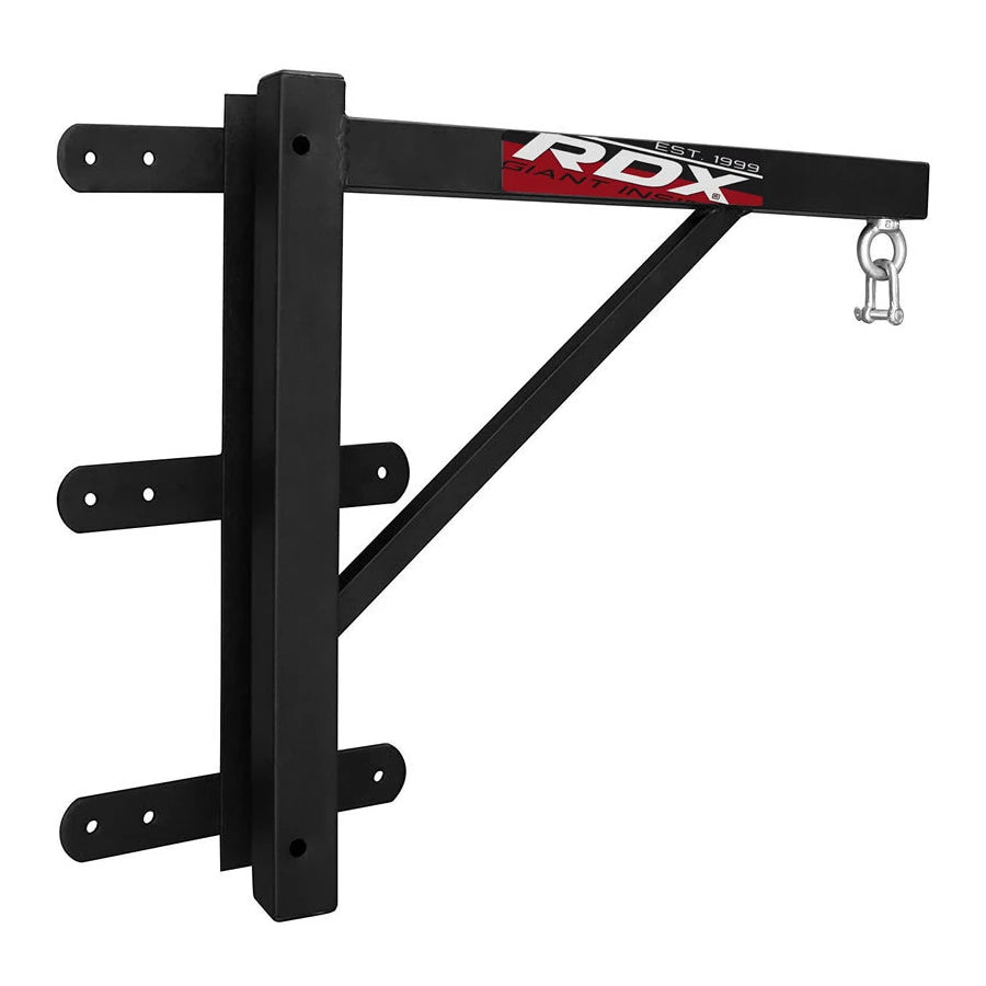 Black RDX punching bag wall bracket on a white background
