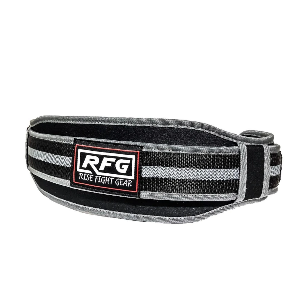 Black and gray striped weight lifting belt with Rise Fight Gear logo on a white background
