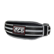 Black and gray striped weight lifting belt with Rise Fight Gear logo on a white background