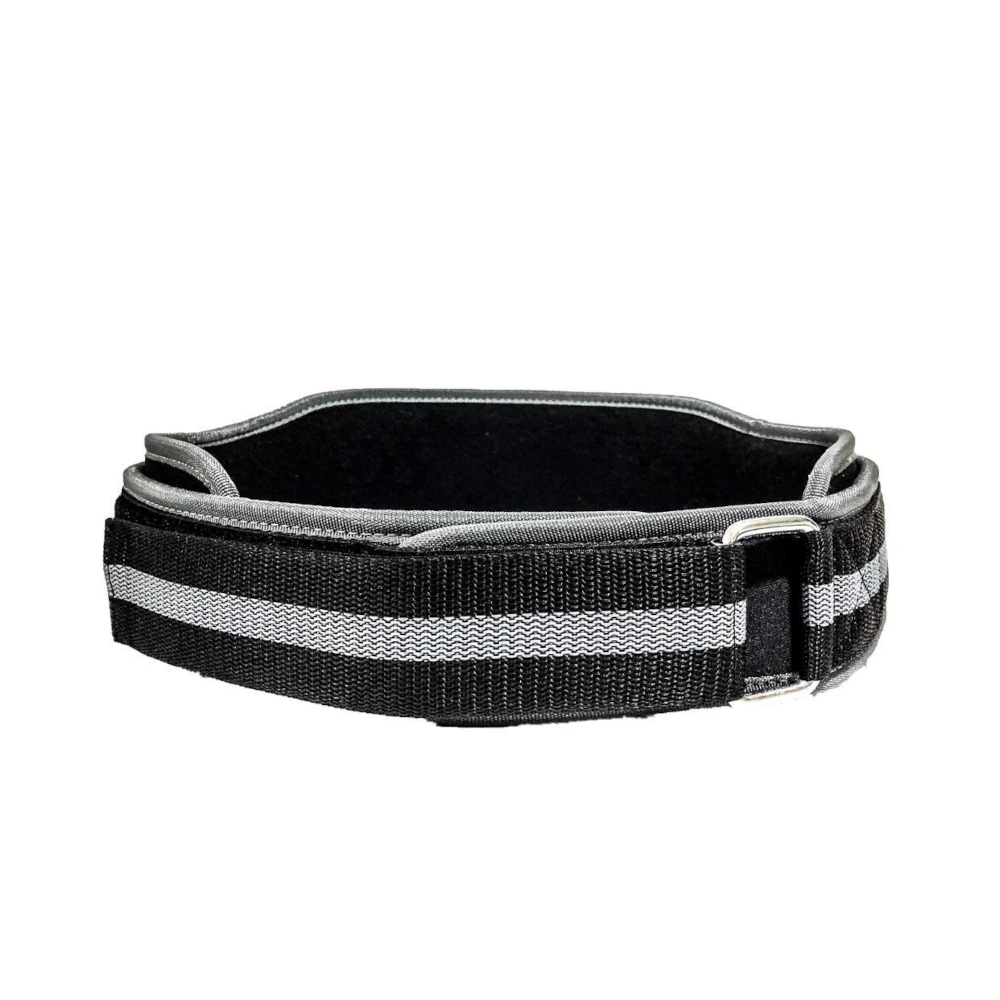 Black weightlifting belt with grey stripes on a white background