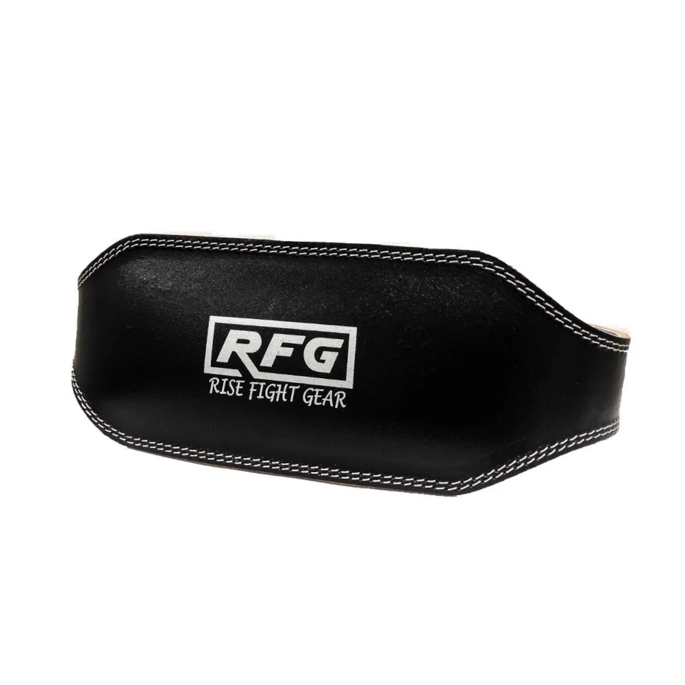 Black leather weight belt with 'Rise Fight Gear' logo on a white background