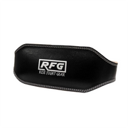 Black leather weight belt with 'Rise Fight Gear' logo on a white background