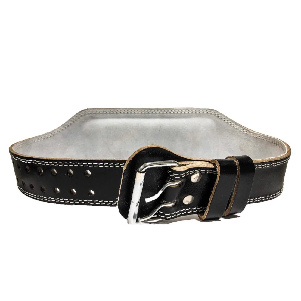 Black leather belt with silver buckle on a white background
