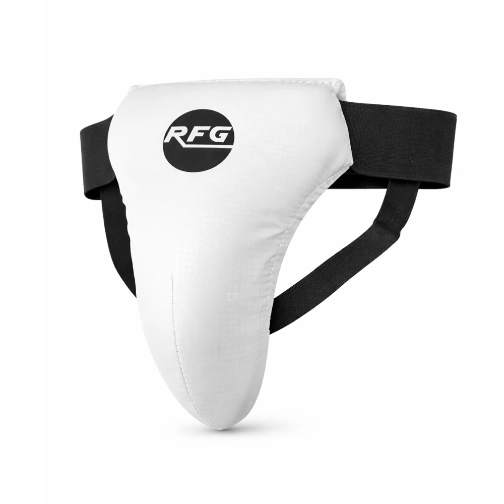 White protective athletic groin guard with black straps and RFG logo on a white background