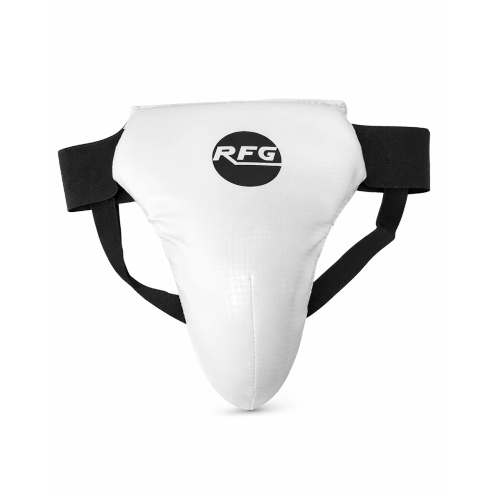 White protective athletic groin guard with black straps and RFG logo on a white background