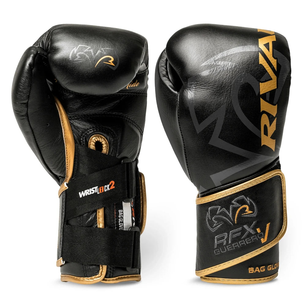 Black boxing gloves with gold accents and RFX branding on a white background