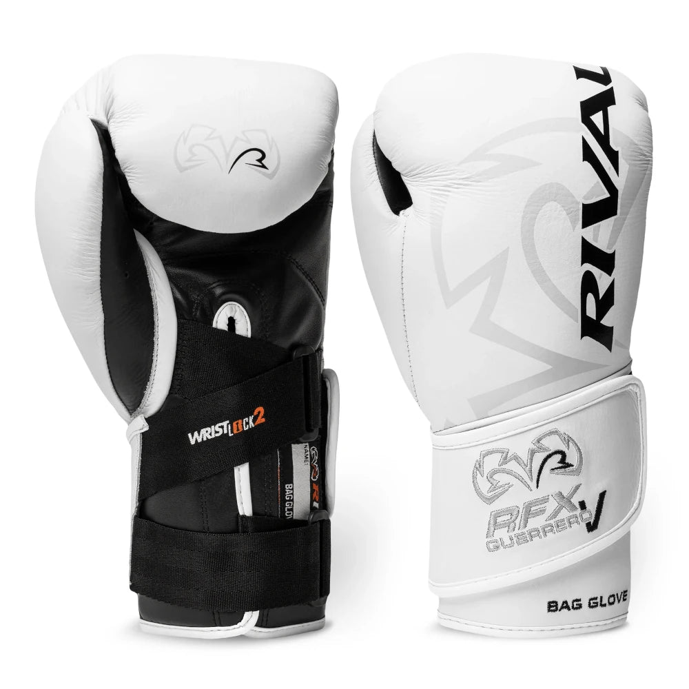 Pair of white and black boxing gloves with Rival branding on a white background