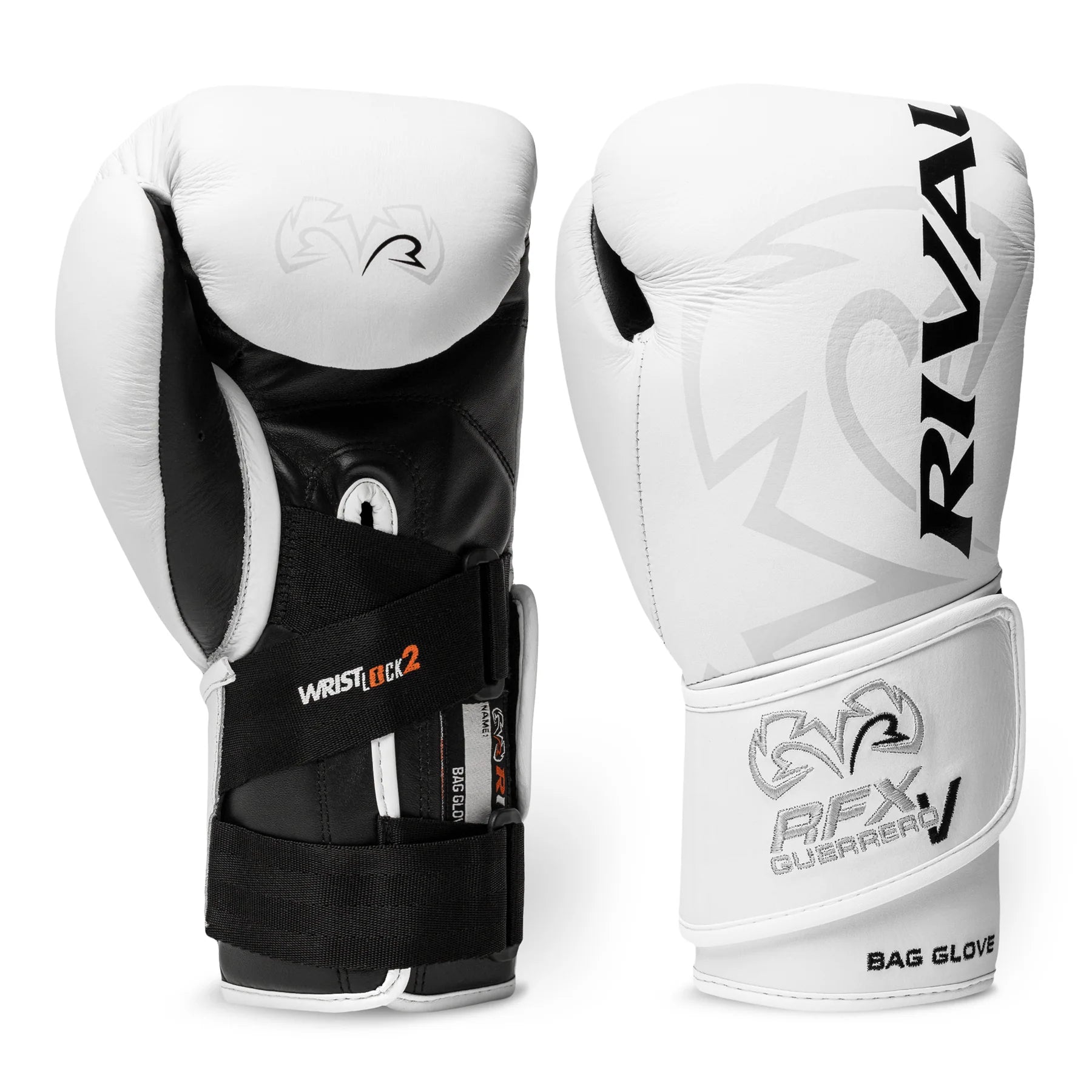 Pair of white and black Rival boxing gloves with RFX branding on a white background