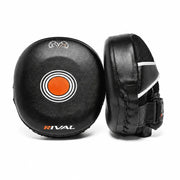 Black boxing air focus mitts with orange center and 'Rival' branding on a white background