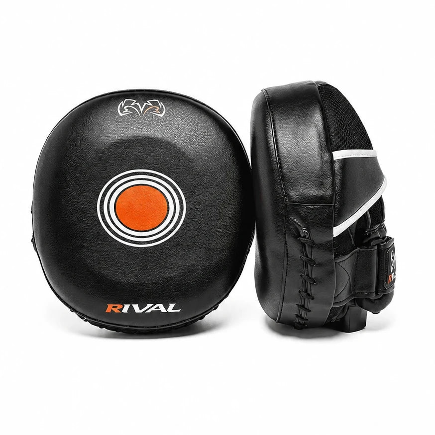 Black boxing air focus mitts with orange center and 'Rival' branding on a white background