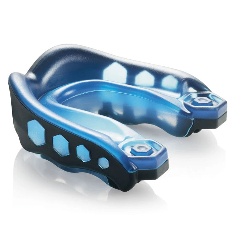 Blue and black mouthguard on a white background