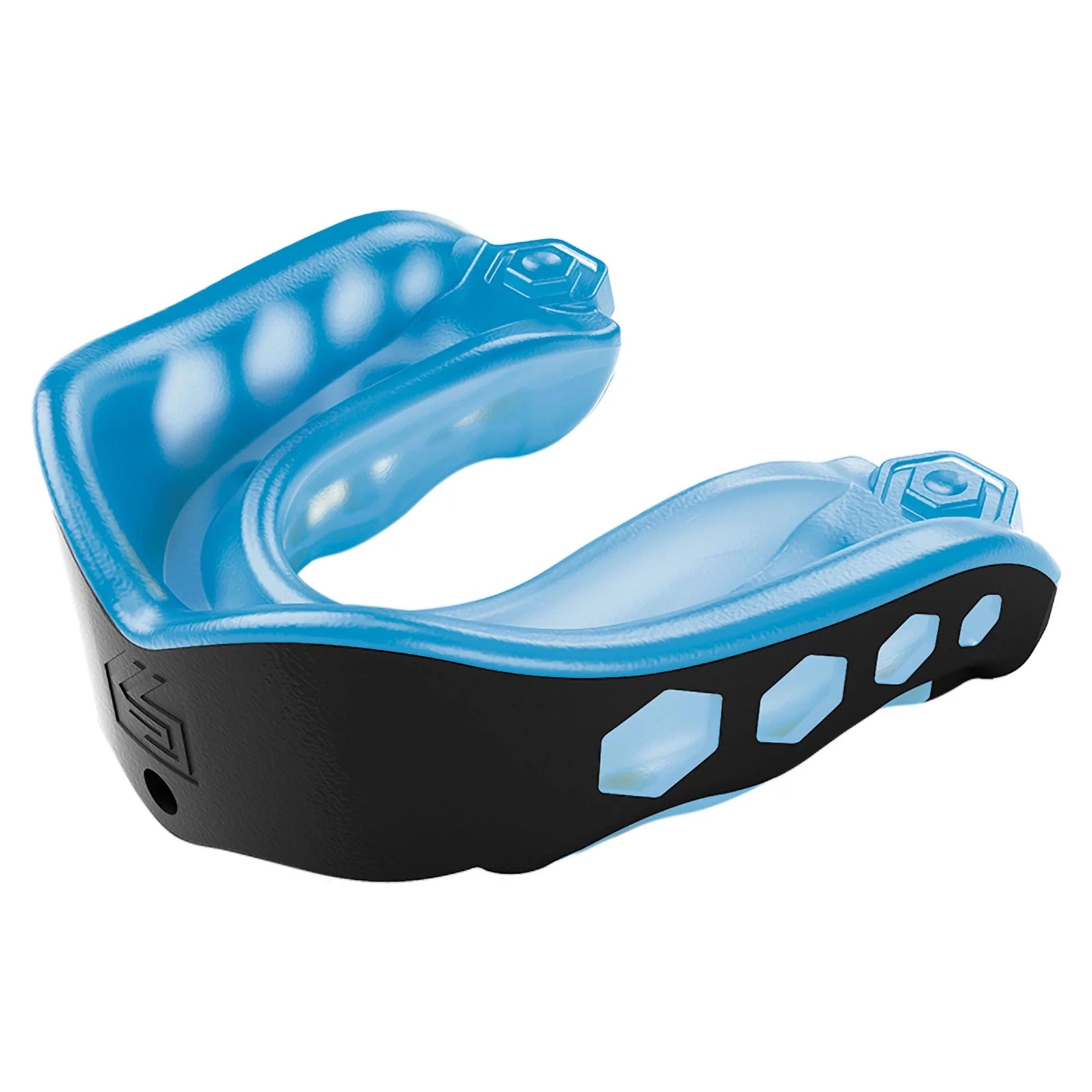 Blue and black mouthguard on a white background