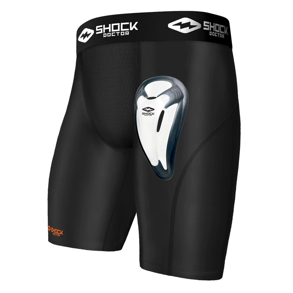 Black athletic shorts with plastic groin cup and a prominent Shock Doctor logo on a white background