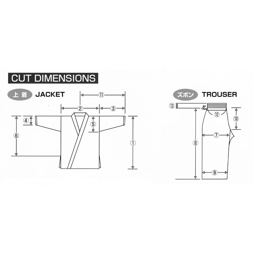 Diagram showing cut dimensions of a jacket and trousers with labels and measurements.
