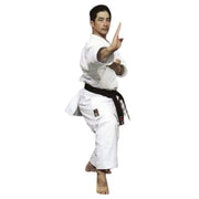 Person in a white martial arts uniform with a black belt on a white background