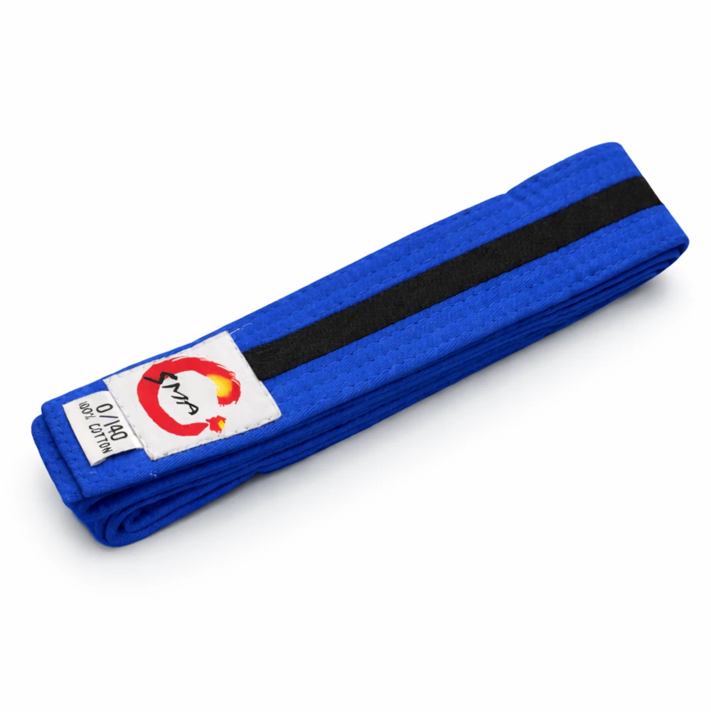 Blue belt with a black stripe and a visible brand logo on a white background