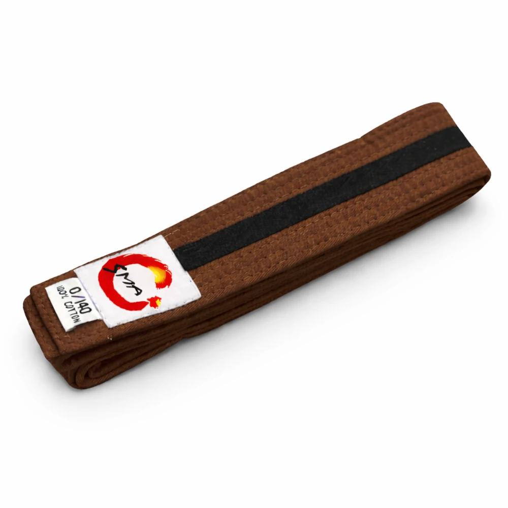 Brown belt with a black stripe and a white label on a white background