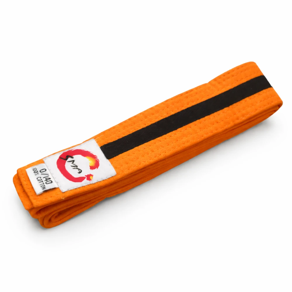 Orange belt with a black stripe and a white label on a white background