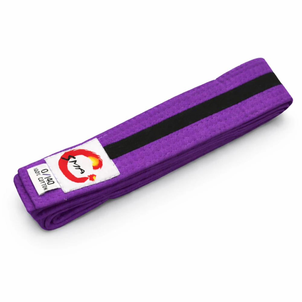 Purple belt with a black stripe and a visible brand logo on a white background