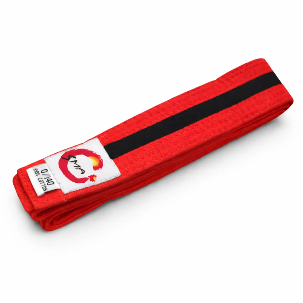 Red belt with a black stripe and a logo on a white background