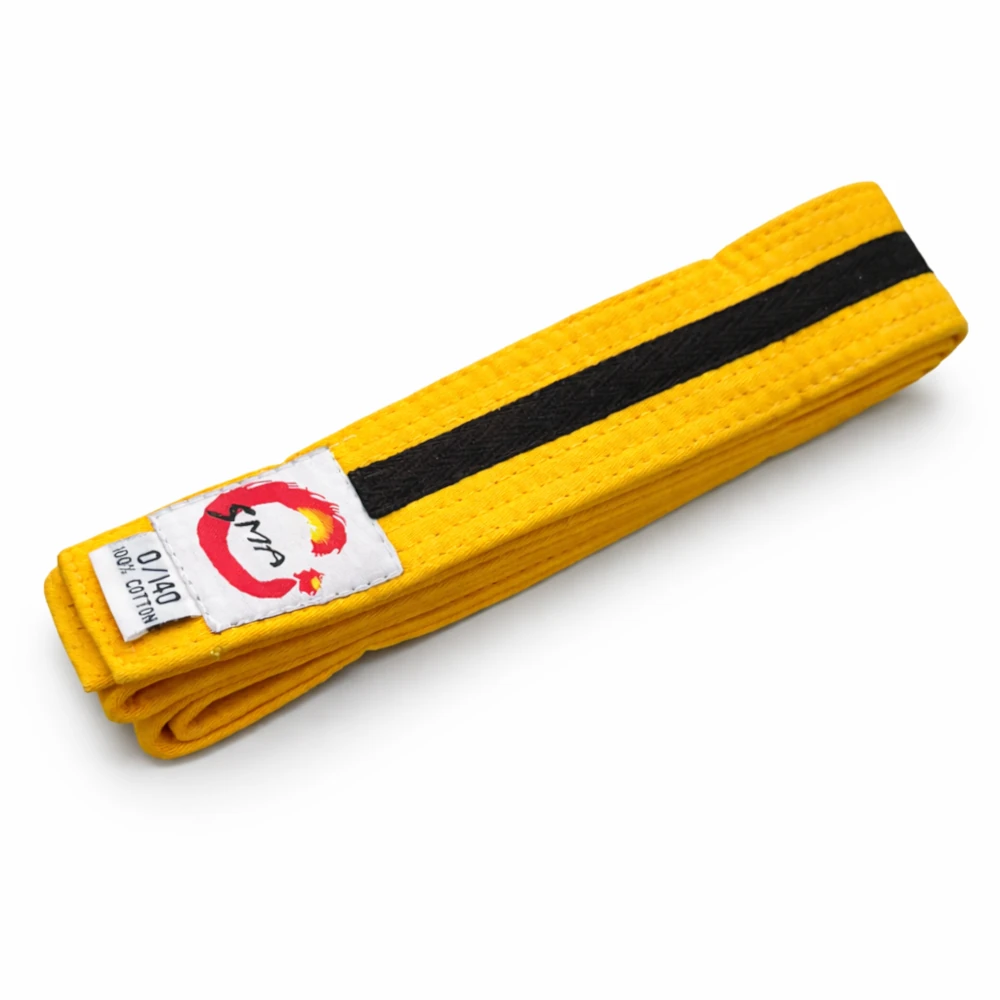 Yellow belt with a black stripe and a white label on a white background