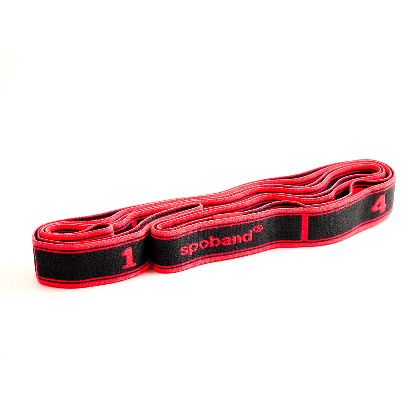Red resistance band with black labels on a white background