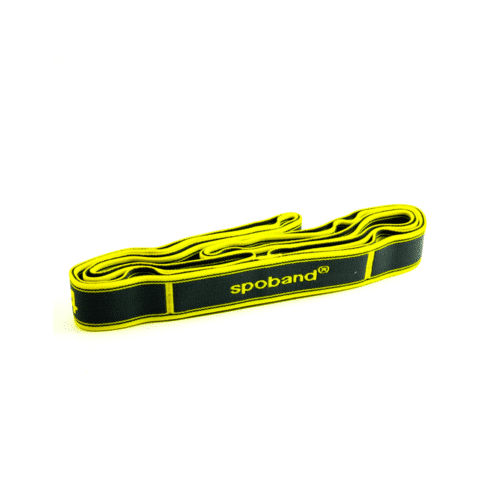 Yellow resistance band with 'spoband' logo on a white background