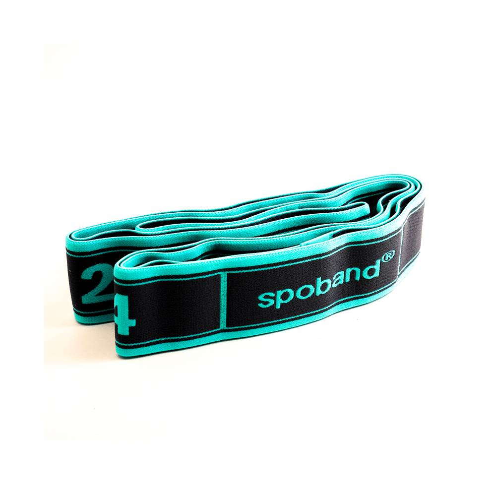 Blue Spoband resistance band on a white background