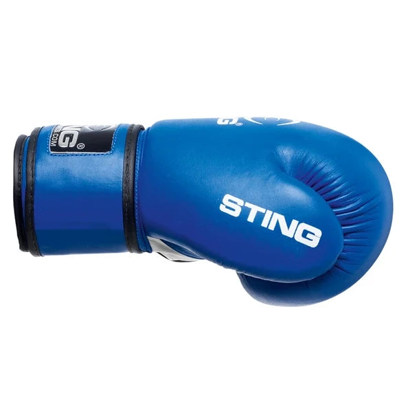 Blue boxing glove with 'STING' branding on a white background