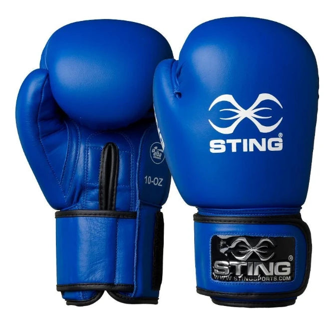 Blue boxing gloves with Sting logo on a white background