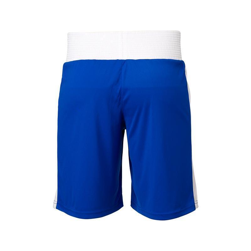 Blue athletic boxing shorts with white waistband on a white background
