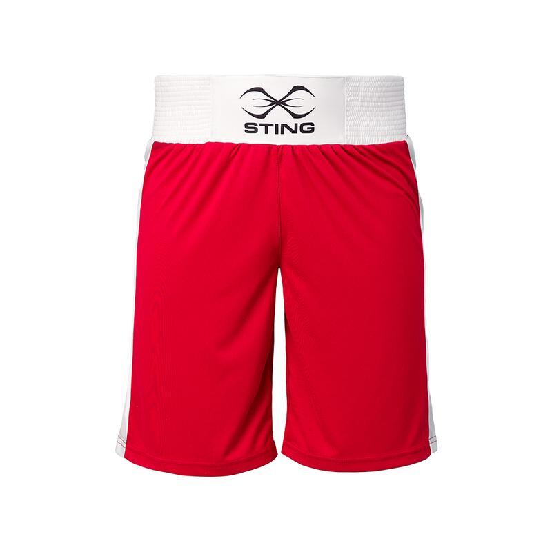 Red boxing shorts with a white waistband featuring the 'Sting' logo on a white background.