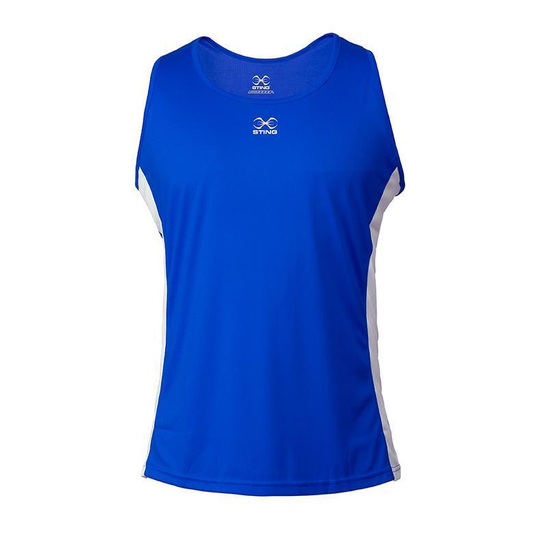 Blue sleeveless boxing shirt with a logo on a white background