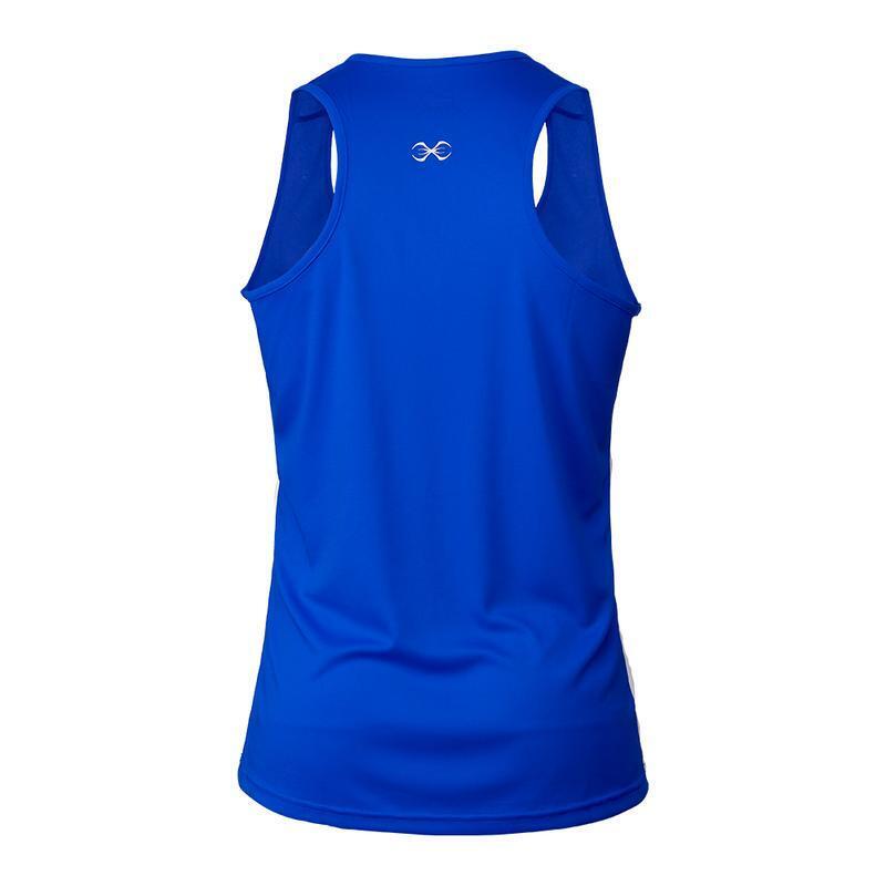 Blue boxing tank top with a logo on the back against a white background