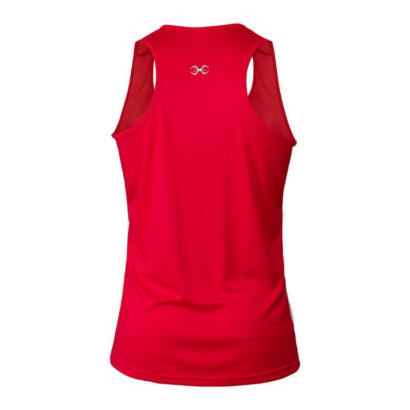 Red boxing tank top with a logo on the back against a white background