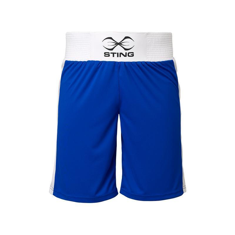Blue boxing shorts with white waistband featuring 'Sting' logo on a white background