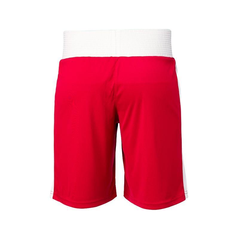 Red boxing shorts with white waistband on a white background