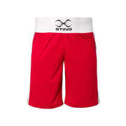 Red boxing shorts with a white waistband featuring the 'Sting' logo on a white background.