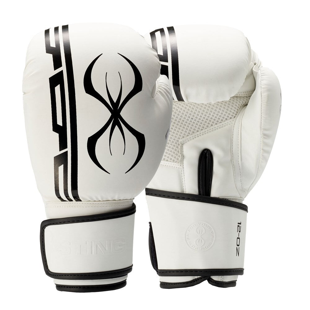 White Sting Sports Armaplus boxing gloves with black logos on a white background