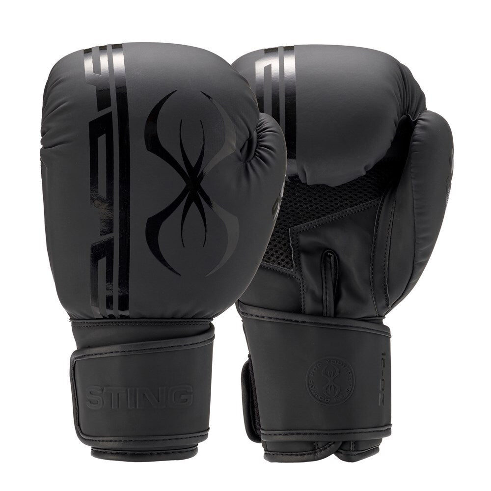 Pair of Sting Sports Armaplus black boxing gloves with a logo on a white background