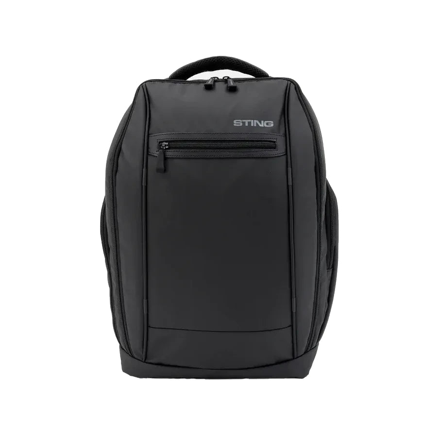 Black backpack with 'STING' branding on a white background