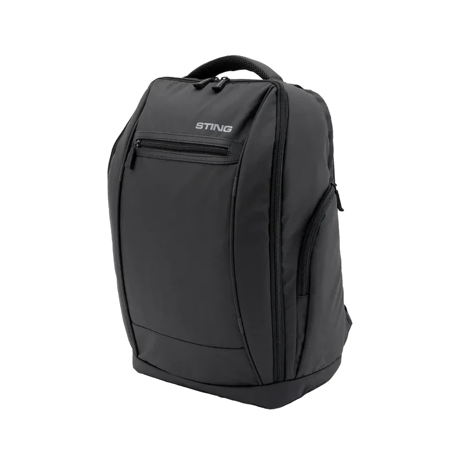 Black backpack with 'Sting' branding on a white background
